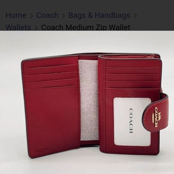 COACH SIGNATURE MEDIUM CORNER ZIP WALLET, BROWN, BLACK AND RED - NEW - Picture 11 of 12